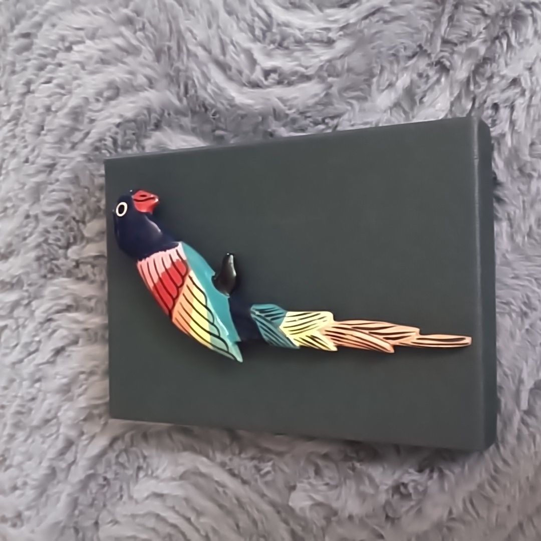 Large Wooden Painted Parrot Pin Brooch 5" Great Condition